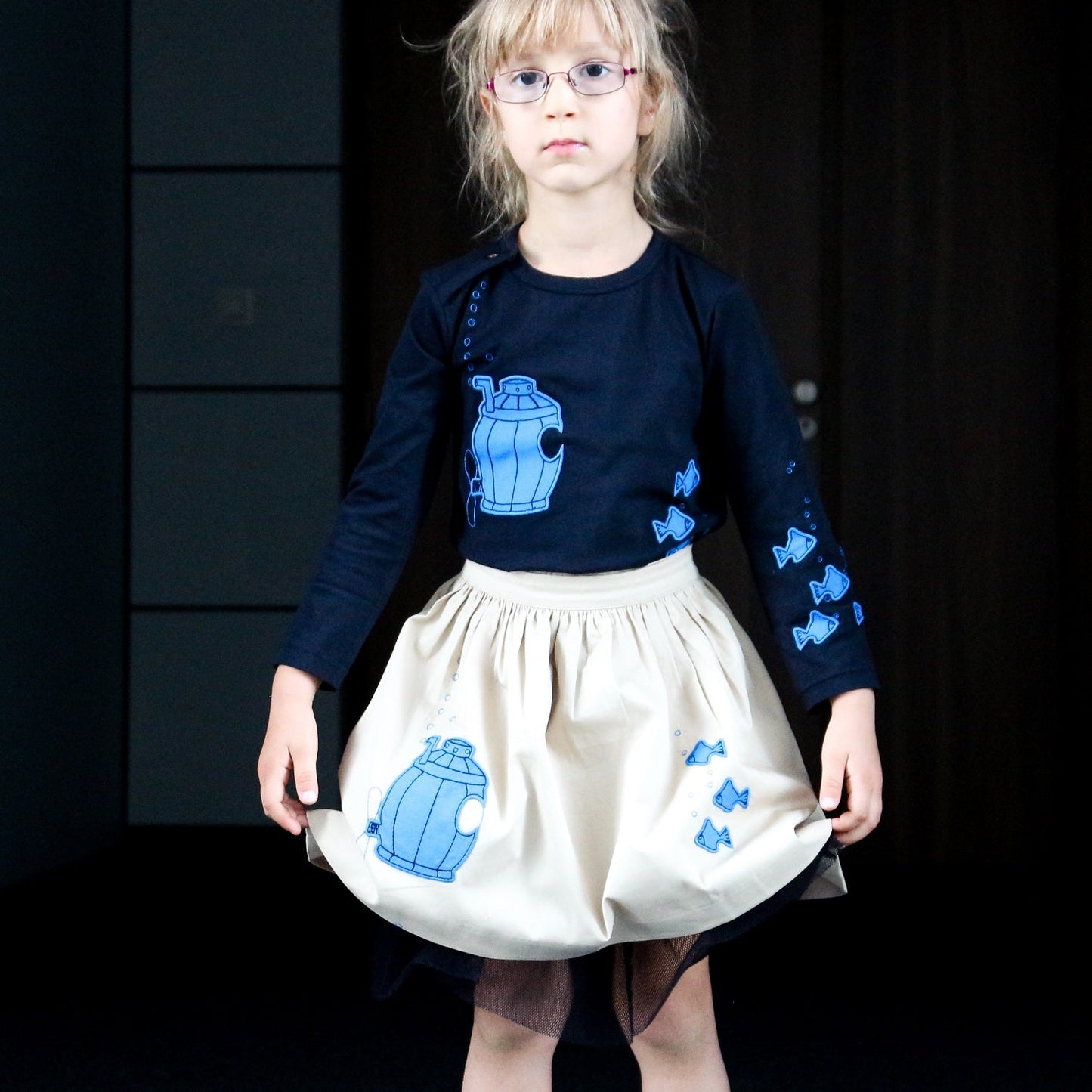 Kids Beige Cotton Skirt with Submarine