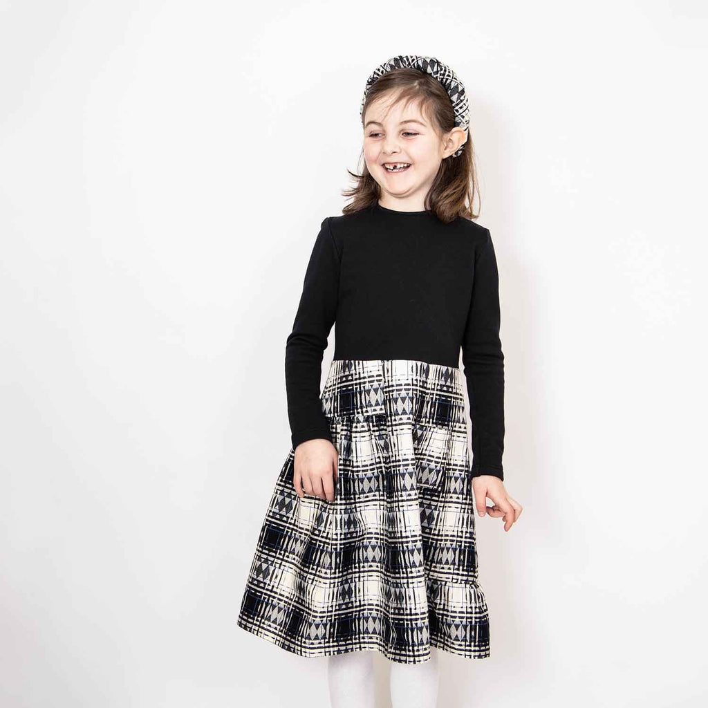 Girls Black Dress with Tartan Skirt in Black & White